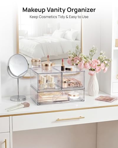 Vtopmart 3 Pack Stackable Clear Plastic Drawer Organizer, Makeup Organizers and Storage for Eyeshadow Palettes, Cosmetics, Beauty Supplies, Ideal for Vanity, Desk, Office, Bathroom image 3