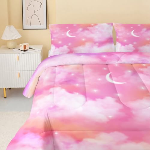 Image of QOOMO Pink Cloud Comforter Set, Rainbow Star Sky Duvet Set Bedding Set Full Size for Girls Boys with 2 Pillow Shams Lightweight Microfiber for All Seasons