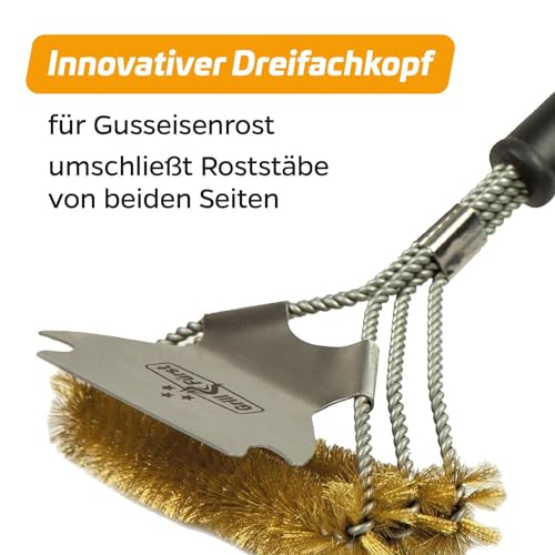 2X Grillfürst Premium Grillbürste mit Messing Borsten, 45 cm - Grill Reinigungsbürste für Grillrost, Grillrost Bürste mit breitem 3-Fach Bürstenkopf und Schaber 4