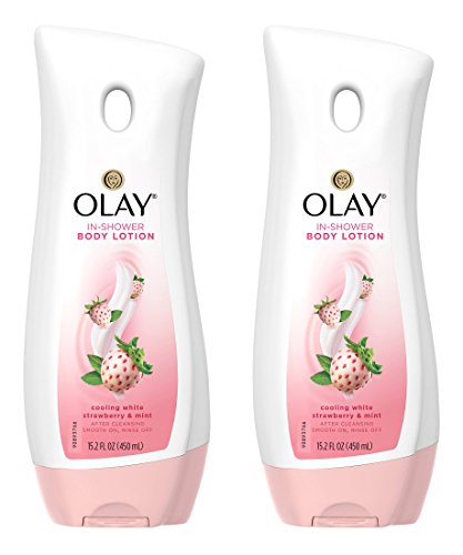 Olay In-Shower Body Lotion - Cooling White Strawberry & Mint - Net Wt. 15.2 FL OZ (450 mL) Per Bottle - Pack of 2 Bottles