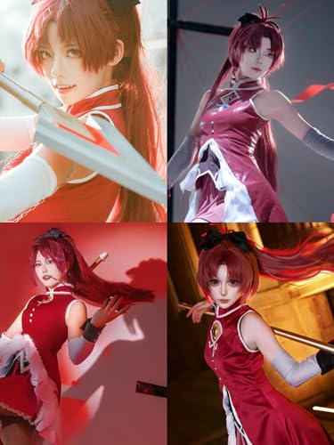 Image of Half and Half Kyoko Cosplay Wig Red Pink Anime Ponytail Wigs with Bangs 29.5'' Long Dark Red Wigs for Women Halloween Party Daily