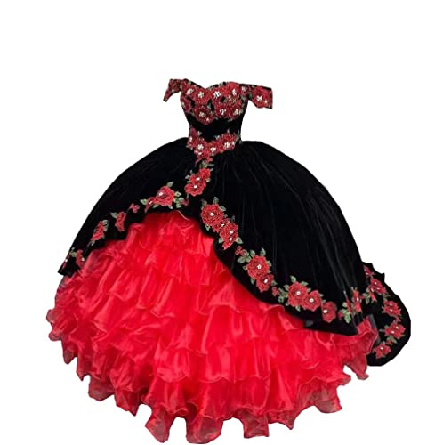 Velvet Pearls Crystal Floral Embroidered Applique Charro Dresses Quinceanera Off The Shoulder Ball Gowns Black Red 8