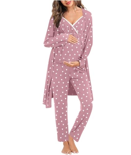 Image of SWOMOG Maternity Nursing Robe Set 3 Piece Breastfeeding Pajamas 3 in 1 Labor Delivery Sleevless Tops&Long Pants Pregnancy Pjs