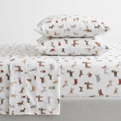 Image of Martha Stewart - Flannel Sheets Twin Size, Anti-Pilling & Wrinkle Resistant Cotton, Touchably Soft for All-Season Comfort - Bed Sheets with Matching Pillowcase & Fitted Sheet (Holiday Pups Brown)