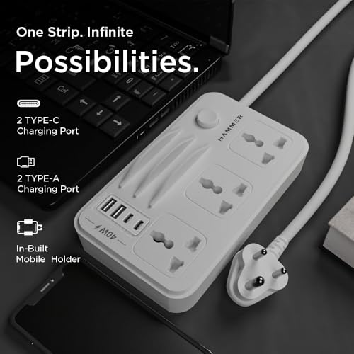 Image of HAMMER Power Strip with 3 Universal Sockets with Child Security, Total 40w (2 USB Ports and 2 Type C 20w PD Individual), Mobile Holder,High Temperature Surge Protector,2300W with 1.5 Meter Cable White