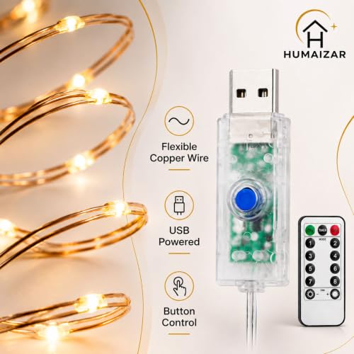 Image of HUMAIZAR 5m 50 LED USB Fairy Lights with Remote, 8 Modes, Warm Yellow