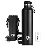 FEIJIAN Trinkflasche Edelstahl 1L mit Karabiner - auslaufsicher Thermosflasche für Kohlensäure Kaffee Tee, BPA-Frei Sport Outdoor Wasserflasche für Sprudel Uni, Schule, Camping, Fahhrad