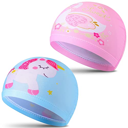 Bonnets de Bain Enfants 2 Pièces Bonnet de Natation Bonnet de Bain de Conception de Cygne Licorne de Dessin Animé Bonnet de Piscine Rose et Bleu pour Filles...