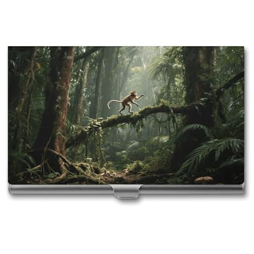 Business Card Holder Metal Slim Business Card Case Tropical Plants Monkey Professional Cards Organizer Pocket Name Cards Case Credit Holder Wallet for Men Women Buckle Style Shut