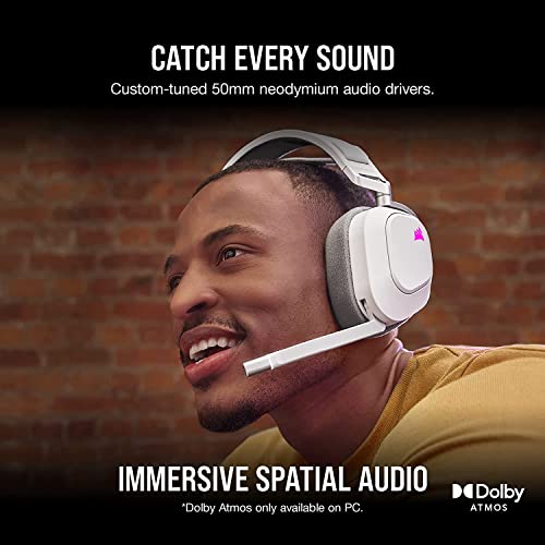 Image of Corsair HS80 RGB Wireless Premium Gaming Headset with Dolby Atmos Audio (Low-Latency, Omni-Directional Microphone, 60ft Range, Up to 20 Hours Battery Life, PS5 /PS4 Wireless Compatibility) White