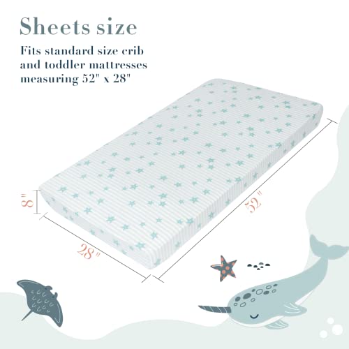 My Little Zone Baby Crib Fitted Sheets Nautical - Nursery Cotton Sheets For Crib - Gender Neutral (Teal And White), 2 Pack #TOP1