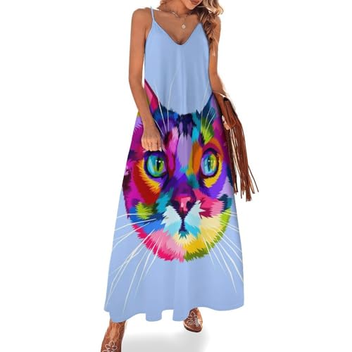Robe longue chat coloré sans manches ultra légère et fluide pour un confort thermique en été