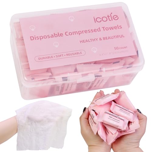 ICOTLE 50 Pcs Compressed Towels Disposable Cotton Coin Tissue Pack Portable Face Cloths Soft Thick Expandable Wash Towels for Travel Home Camping Outdoor Gym Makeup Removal