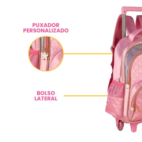 Kit Mochila Rodinha Estojo Lancheira Princesa Sereia Sweet Queen Infantil (Rosa)