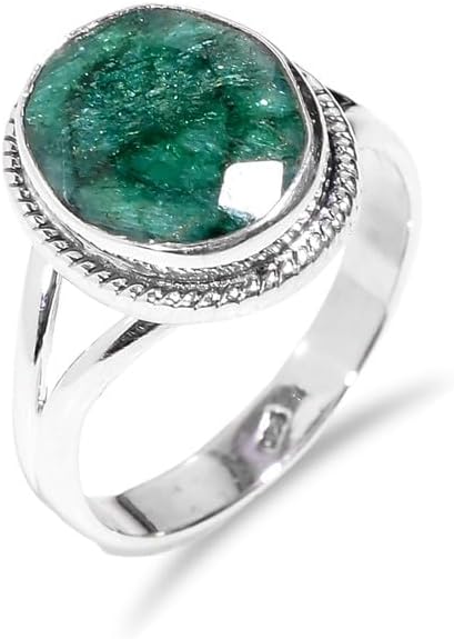 Women's Ring Sterling Silver Oval Cabochon Corundum Emerald Engagement Ring Solitiare Vintage Handmade Dainty Ring Anniversary Wedding Promise Ring Boho Everyday Wear H-SR58-17 image 2