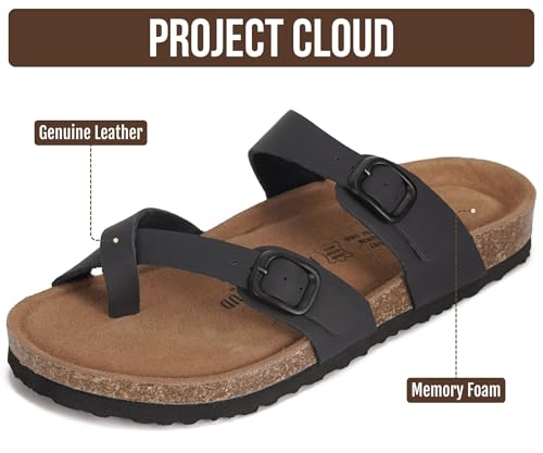Image of Project Cloud 100% Genuine Leather Womens Sandals -Lightweight Womens Slides Memory Foam Insole & Cork Footbed Sandals Women - Non-Slip Beach Essentials Summer Sandals for Women 2026 (Lian)