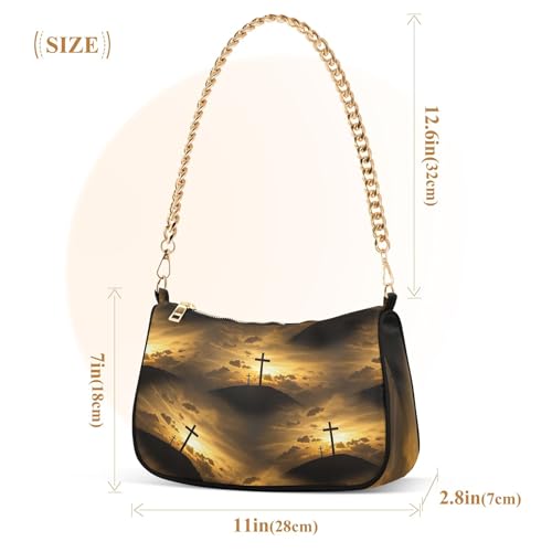Zipper Ladies Shoulder Bag Sunset Clouds Crucifix Golden Medium Handbag Tote Artistic Womens Small Hobo Purse with Chain Strap3