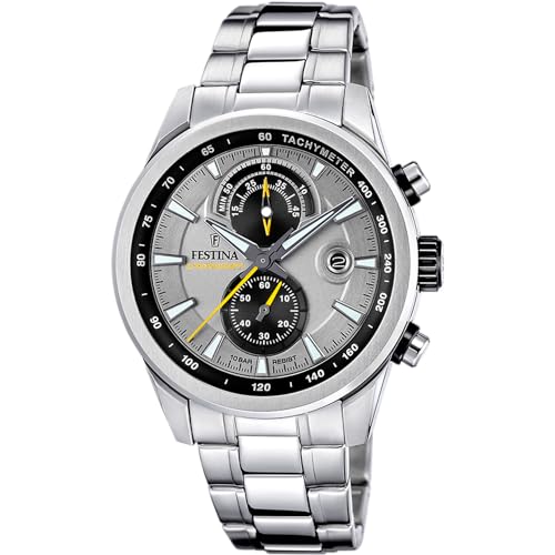 Festina Montre Homme Analogique en Acier Inoxydable 316L Argenté - Mouvement Quartz - Chronographe - Calendrier - Verre Minéral Résistant - Étanche 10 ATM...