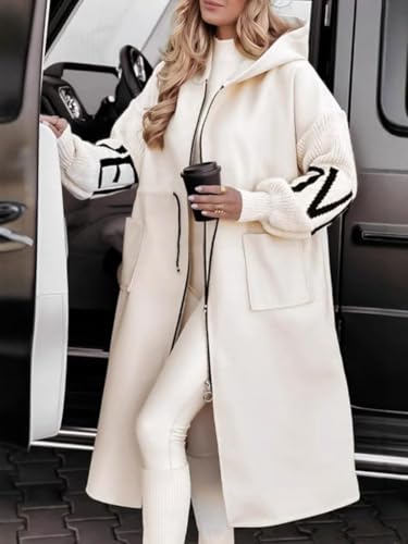 Women's Hooded Long Sleeve Knitted Sleeves Patchwork Casual Jacket, Casual Knitted Sleeve Outerwear with Pockets2