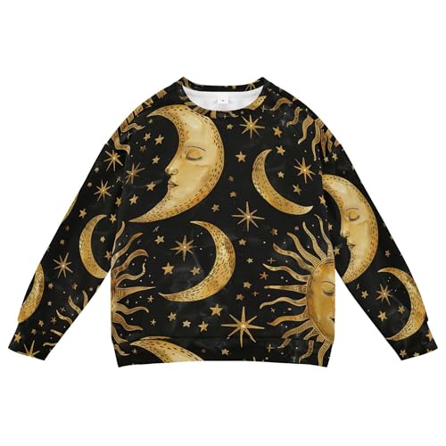 Golden Sun Moon Stars Boho on Black Little Girls Sweatshirts Hoodies Crewneck Boys Sweat Shirt Camping 4T