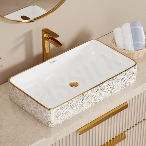 Image of BASSINO 24x14x5 Inches Designer Ceramic Wash Basin /1 Year Warranty /White & Gold Rectangular Table Top-Above Counter Basin for Modern Bathroom Vanity, Restaurants /Stylish Sink for Living Room(Glossy)