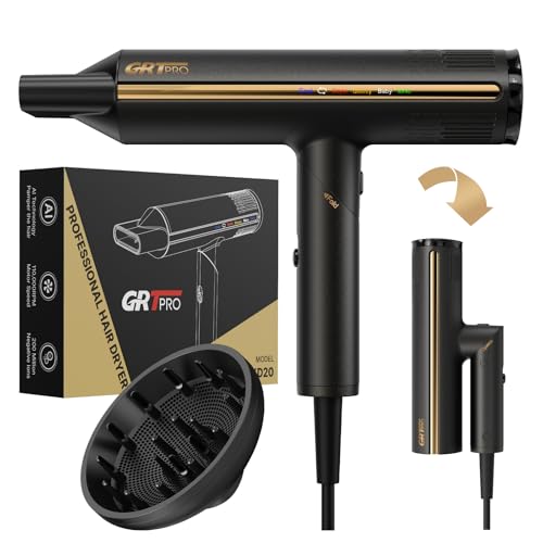 Phon Capelli Professionale Pieghevole Asciugacapelli Professionale 2200W Phon con Diffusore Asciugacapelli Ionico 200Milioni di Ionici 110,000RPM 410g, 4 Temperature 3 Velocità Salone Famiglia Viaggi