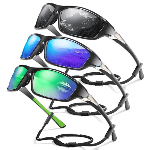 3 Pack Polarized Sports Sunglasses for Men, Mens Sunglasses Wrap Around UV Protection for Cycling Fishing Driving B01-grey/Dark Blue/Green