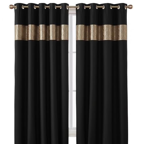 Rapport Home Capri Black Gold Eyelet Curtains Pair - 66" W x 72" D (132" Total Width) - Thermal Room Darkening Polyester Drapes for Bedroom Living Room