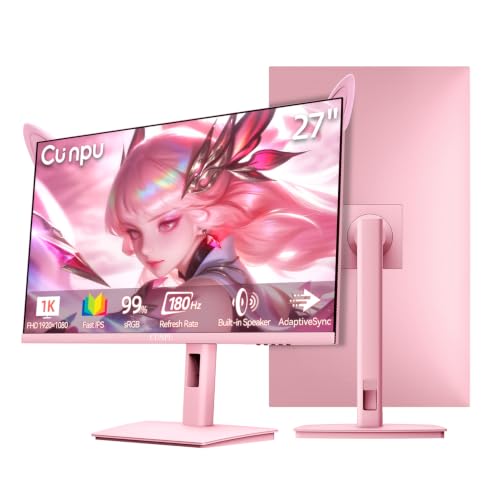 Image of CUNPU 24 inch Wave Pink Kawaii Gaming Monitor, FHD 1920x1080 180Hz 1ms GTG Fast IPS, 100% sRGB, Adaptive Sync, Built-in Speakers, USB Type-C 15W HDMI /DP, Tilt Adjustable Stand, For PC Gaming & Home Office