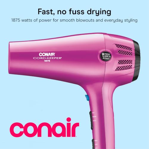 Image of Conair Cord Keeper Hair Dryer | 1875W, Retractable Cord, for Multiple Hair Types, Includes Diffuser and Concentrator, Pink, 209BCX
