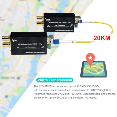 Image of Mini 12G-SDI to Fiber Converter with Tally and RS485, 4K SDI Optical Fiber Extender Broadcast Level, Up to 20km, 4K*2K (3840 * 2160@60Hz) SFP Module Included