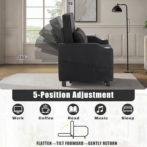 Image of Sleeper Chair,Single Armchair Sofa with Pillow,Adjustable Backrest Recliner Sofa Modern Pull Out Couch Bed with USB Port Cup Holder Side Pocket for Living Room Bedroom(Black)