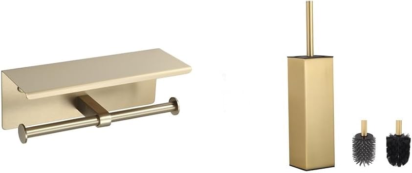 Brushed Gold Bathroom Set Double Roll Toilet Paper Holder with Shelf + Toilet Brush and Holder with 2 Replacement Heads