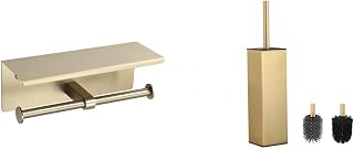 Brushed Gold Bathroom Set: Double Roll Toilet Paper Holder with Shelf + Toilet Brush and Holder with 2 Replacement Heads