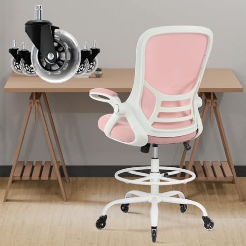 Image of HYLONE Drafting Chair Tall Office, Ergonomic Standing Desk Stool Adjustable Big and Tall Drafting Office Chair with Flip-Up Armrests, Mesh, Pink