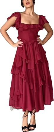 RanRui Flounce Cut Out Wedding Guest Dresses midi Dress Vacation Dress lace Halter Hollow Cake Dress Ruffle Long Dress