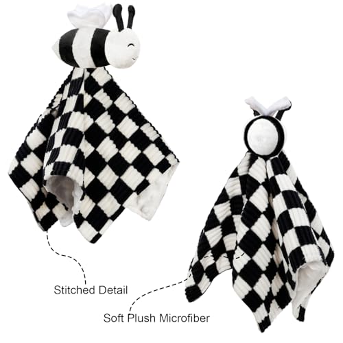 Image of High Contrast Bee Baby Security Blanket for Boys Girls 14 Inch | Super Soft 3D Checkerboard Gingham with Minky Dot Fabric Backing Snuggle Stuffed Animal Shower Gift Black