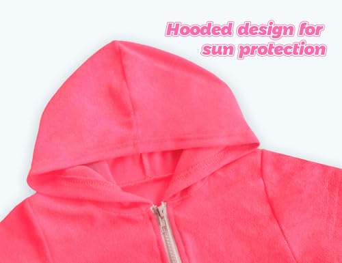 Image of Girls Swim Cover Up Multicolor Hooded Zip-Up Terry Swimsuit Ruffle Bathing Suit Kids Short Sleeve Swimwear