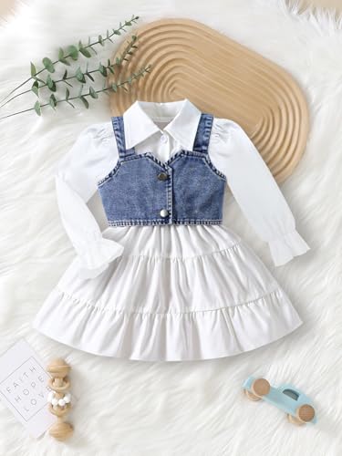 2Pcs Kids Girl Toddler Long Sleeves Lapel Button Down Shirt Dress Denim Vest Set 4-7 Years2