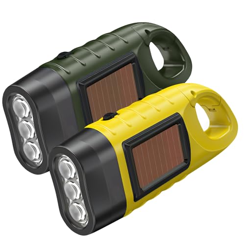 2 Pack Wind Up Solar Torch UK Led Rechargeable Camping Flashlight Hand Crank Solar Powered Torch Super Bright Portable Survival Emergency Kit Small Dynamo Light with Carabiner Hook (Yellow+Green)