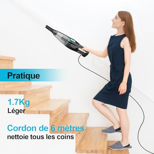 Aspirateur Balai avec Fil, Aspirateur Balai Filaire Puissant, 2 en 1 Aspirateur à Main avec 6m Long Câble, 16000Pa Aspirateur Balai et électriques sans Sac Vertical Léger pour Poils d'animaux – Image 4
