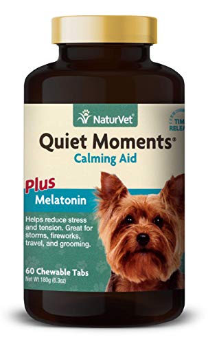 NaturVet  Quiet Moments Calming Aid for Dogs - Plus Melatonin  Helps Reduce Stress & Promote Relaxation  Great for Storms, Fireworks, Separation, Travel & Grooming  60 Time Release Tablets