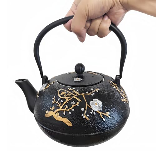 Image of Cast Iron Teapot SECHUDO Teapot for Stovetop Safe Coated with Enameled Interior,Japanese Beautiful Tea Kettle with Stainless Steel Infuser for Loose Tea (60.9oz Plum Blossoms and Bird Pattern)