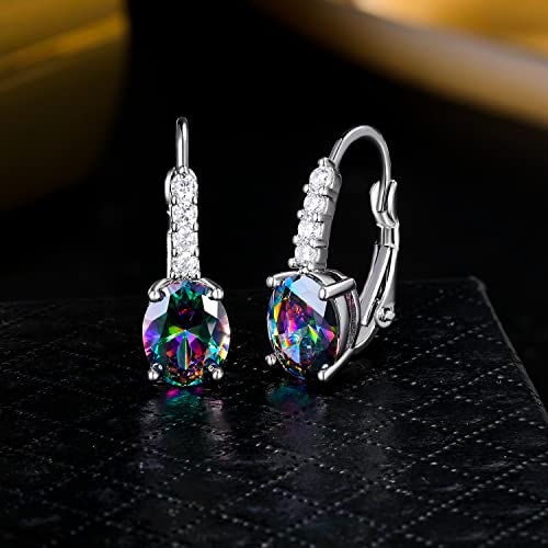 Drop Earrings for Women|6x8mm Oval-shaped Gemstone Halo CZ Dangle Earrings|18K White Gold Plated Drop Earrings Hypoallergenic Jewelry Gift4