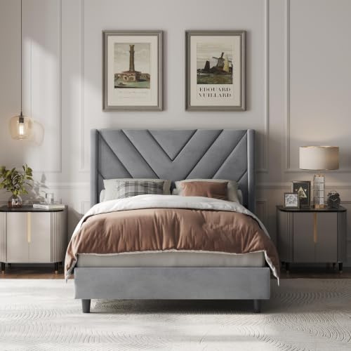 Image of Yaheetech Twin Bed Frame Upholstered Platform Bed with Wing Side /Wooden Slat Support /Tufted Headboard with Wing Side /Mattress Foundation /No Box Spring Needed,Light Gray Twin Bed
