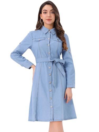 Image of Allegra K Denim Dress for Women's Long Sleeve Button Down A-Line Belted Classic Jean Dresses