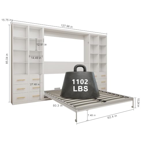 Image of KEIKI Queen Size Vertical Cabinet Murphy Bed with 4 Side Cabinet, White | Multifunctional Foldable Hideaway Wall Metal Bed Frame, No Box Spring Needed, Easy Assembly, for Bedroom, Guest Room