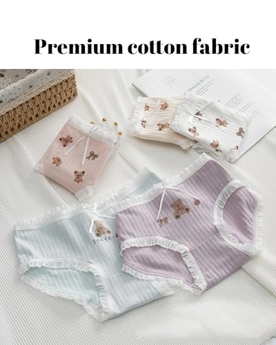 Cute Bear Ruffled Panties for Teen Girls Women Cotton Briefs Lace Frilly Trim Mid Rise 5 Pairs Anime Underwear4