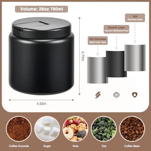 Coffee Canister, Premium Large Stainless Steel Insulated Vacuum Coffee Bean Storage Container Travel Jar, Kitchen Food Airtight Coffee Grounds Container for Tea, Sugar, Flour (26oz-Black) - Thumbnail 2