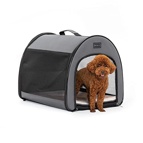Petsfit Hundebox faltbar für kleine Hunde Katzen, tragbare & Atmungsaktive Hundebox für Zuhause mit Gewölbtem Design, Zimmerkennel Hund Hundeschlafbox mit Anti-Offener Reißverschluss und Plüschkissen